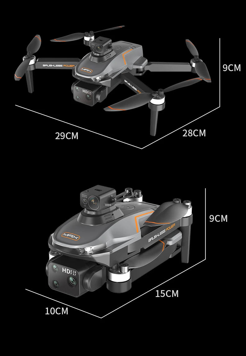 A22 Drone, Drone specifications include height, width, length, and head-to-tail measurements, with an added feature of high-definition transmission.