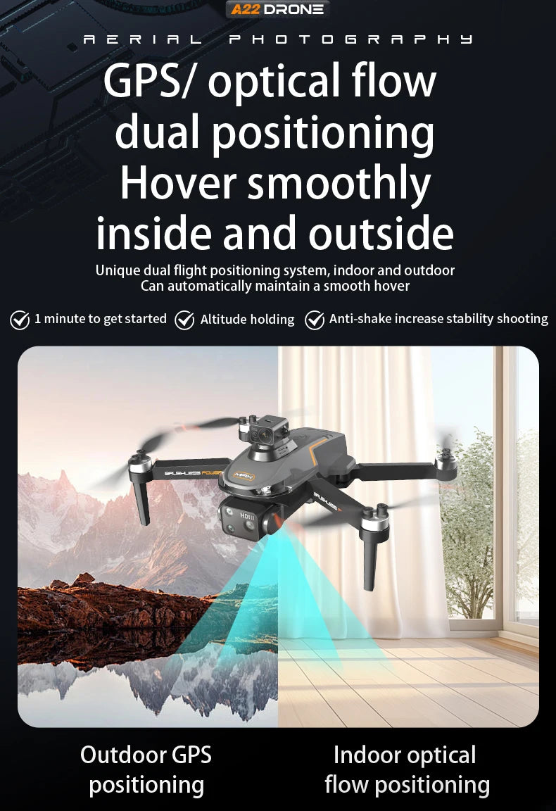 A22 Drone, The 422 Drone features high-torque motors, GPS, and dual positioning system for indoor and outdoor use, ideal for smooth shooting.