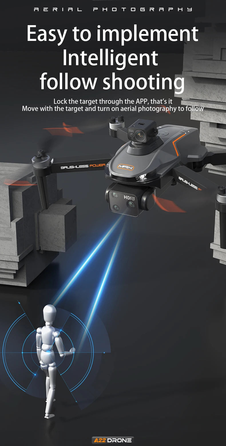 The A22 Drone has intelligent follow shooting, allowing you to lock onto a target and capture aerial photos while moving.