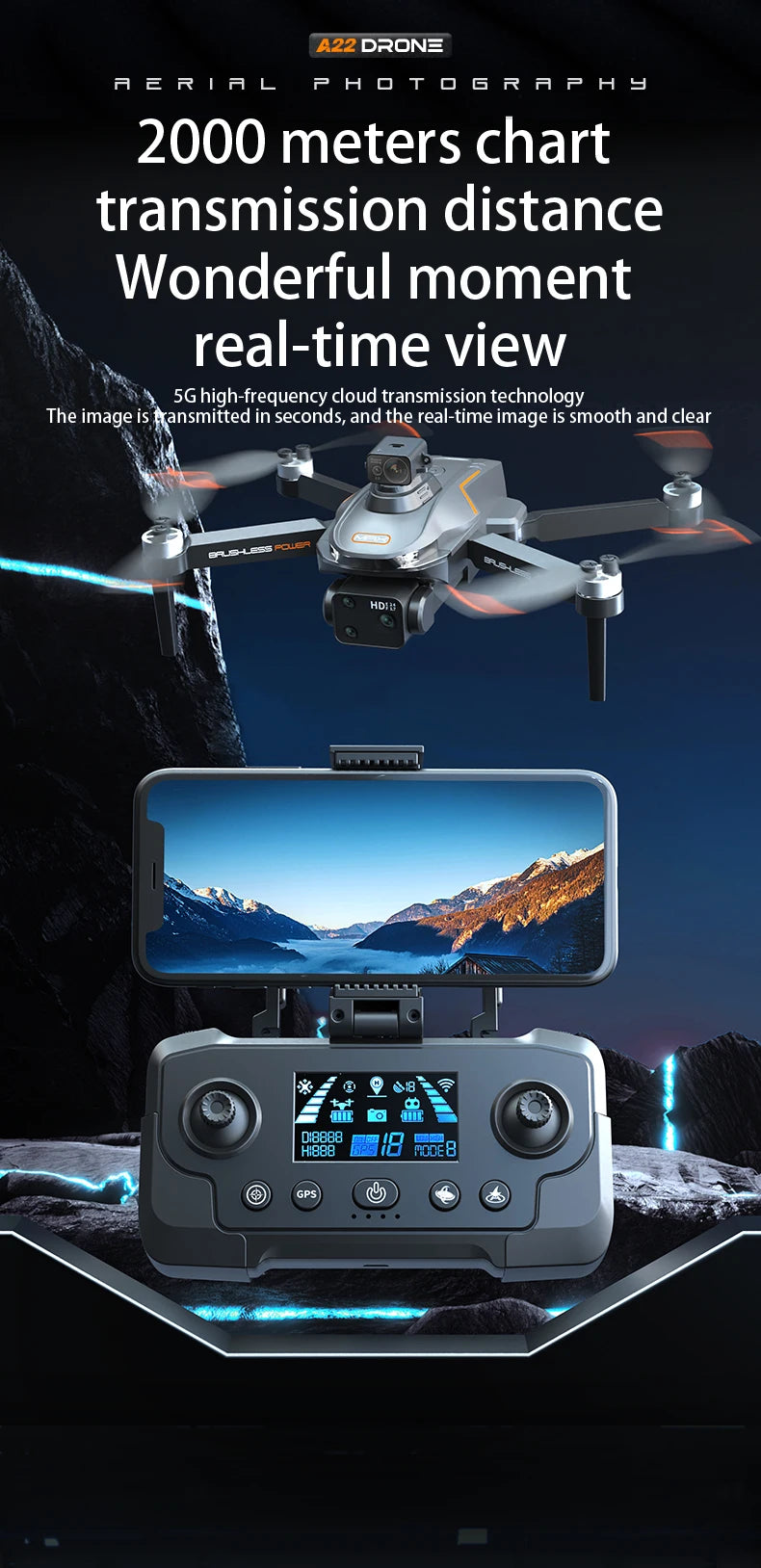 Introducing the A22 Drone with high-frequency cloud transmission technology for real-time image transmission.