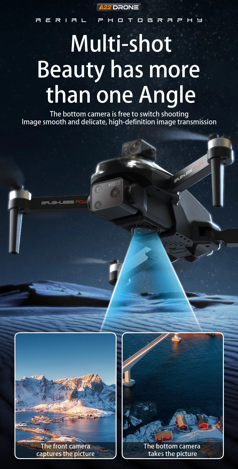 The A22 Drone features a low-high orbit with 6 angles, offering multi-shot beauty with smooth HD image transmission and high-quality pictures.