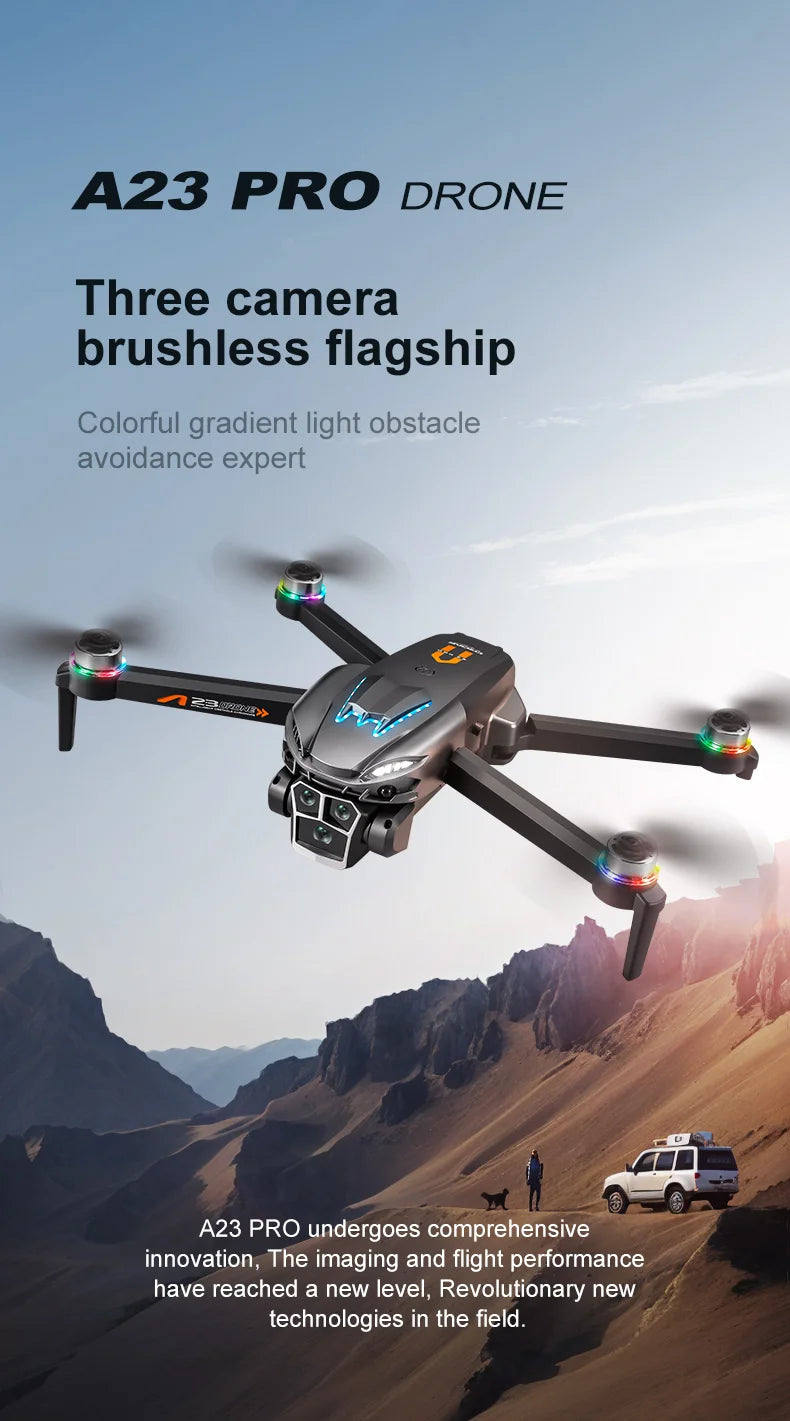 A23 Pro  Drone, The A23 Pro Drone features three cameras, brushless motors, and expert-level obstacle avoidance for improved imaging and flight performance.