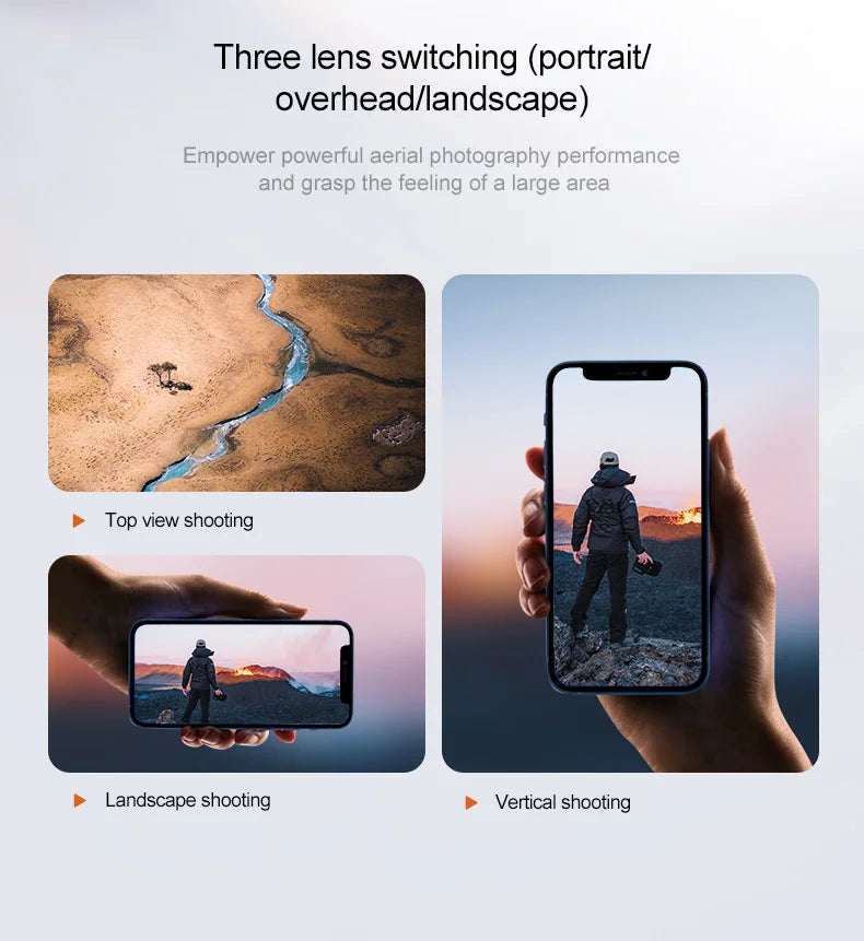A23 Pro Drone, Three-lens camera enables powerful aerial photography by capturing expansive views from top, landscape, and vertical angles.