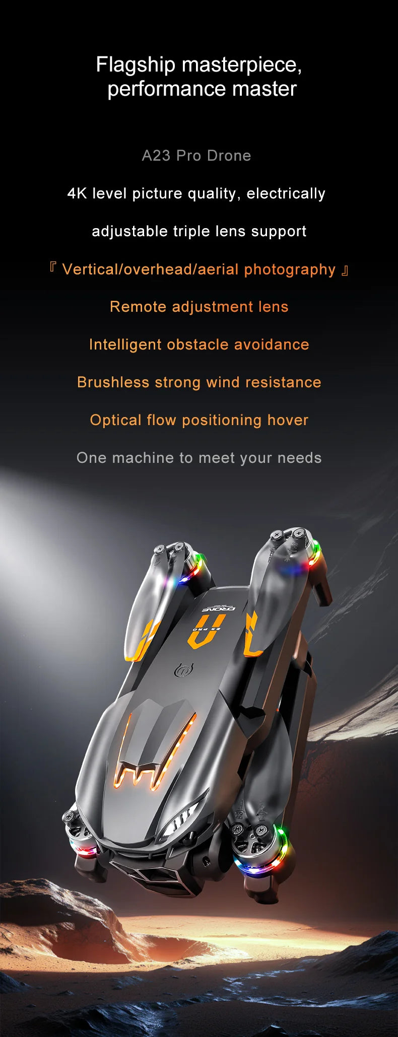 A23 Pro Drone, The A23 Pro Drone features 4K quality, adjustable lenses, obstacle avoidance, brushless motors, and optical flow positioning for precise hovering.