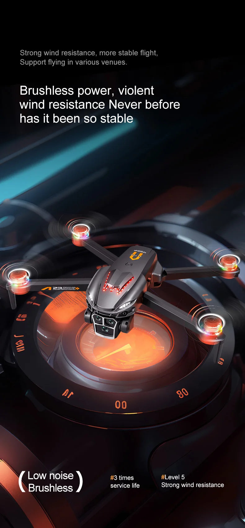 A23 Pro Drone, The drone features strong wind resistance, brushless power, and low noise for stable flight.