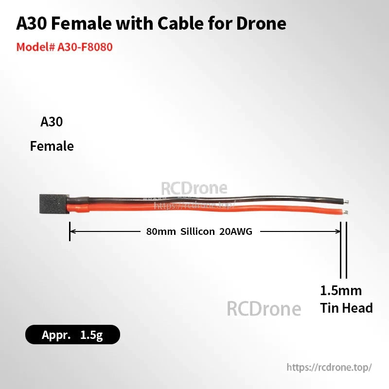 A30 female connector pigtail with 80mm 20AWG silicone wire leads and 1.5mm tinned ends