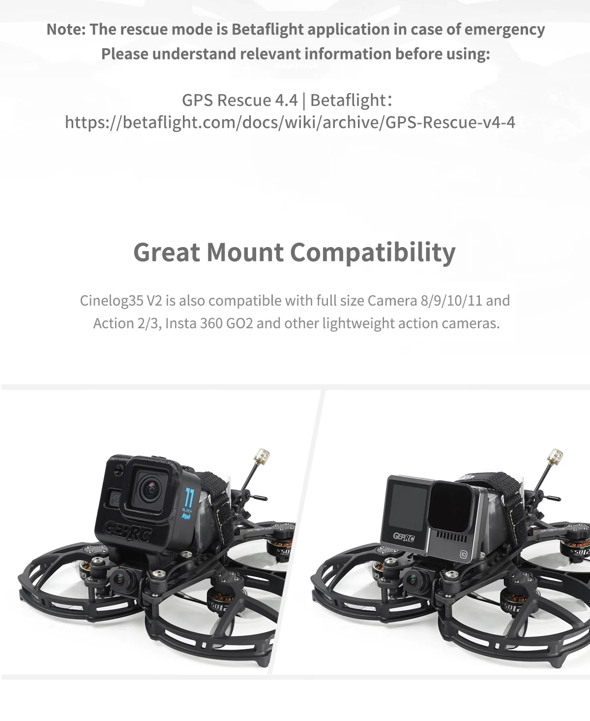 GEPRC Cinelog35 V2 Analog FPV Drone, the rescue mode is Betaflight application in case of emergency