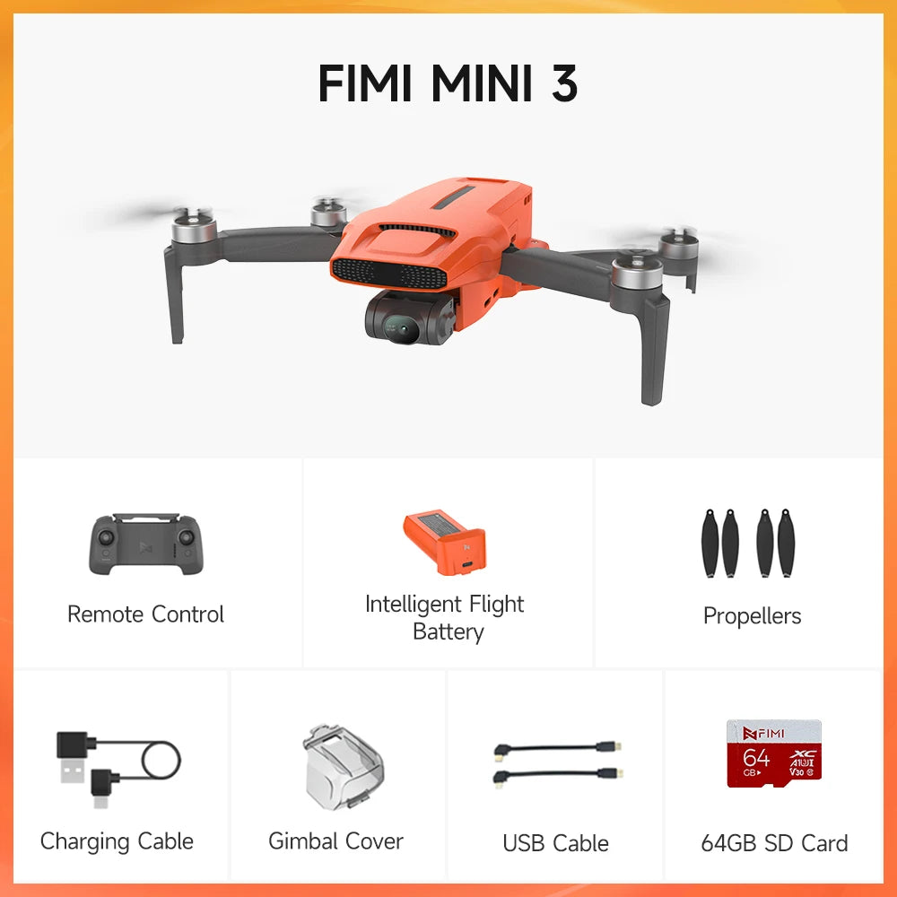 FIMI MINI 3 New Camera Drone, Drone package with remote, props, battery, and accessories: charging cable, gimbal cover, and 64GB SD card.