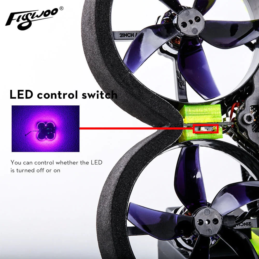 FLYWOO CineRace20 V2 Neon Led Walksnail Avatar HD 2inch CiineWhoop FPV GOKU GN405S icm42688 1203 Pro 4850KV 9 2INCH LED control switch You can control whether the LED is turned off or on HO