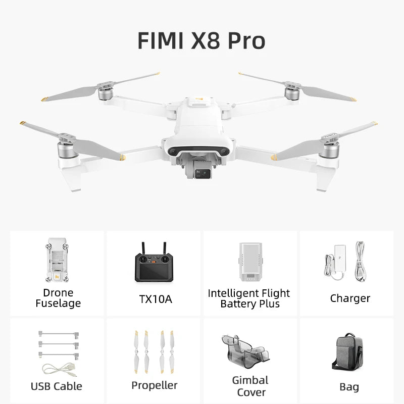 FIMI X8 Pro Camera Drone, Camera Drone Kit with Intelligent Flight Features, Battery, Charger, Gimbal, Propellers, and Bag Cover.