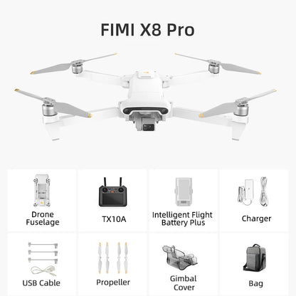 FIMI X8 Pro Camera Drone, Camera Drone Kit with Intelligent Flight Features, Battery, Charger, Gimbal, Propellers, and Bag Cover.