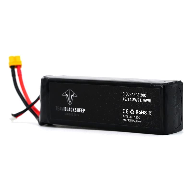 Rear specification label on the black Team BlackSheep 4S LiPo battery pack