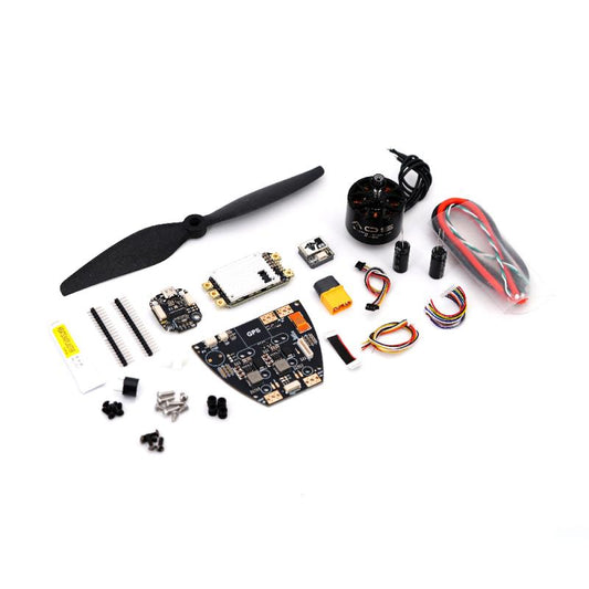TBS Mojito electronics package contents with motor, ESC, propeller, circuit boards, and wiring