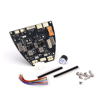 TBS Lucid Wing PDB package contents with wiring lead, pin headers, screws, spacers, and buzzer