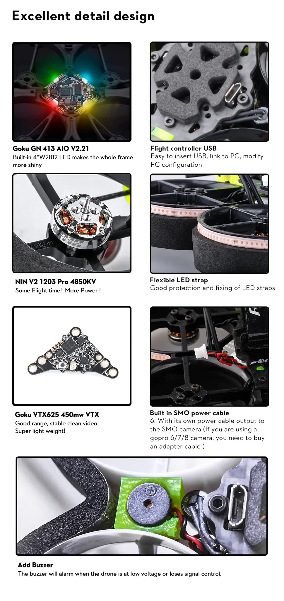 FLYWOO CineRace20 v2 Neon LED Analog w/ Caddx Ant 2inch FPV GOKU GN405S AIO 1203 PRO 4850KV 11 Goku GN 413 AIO V2.21 Flight controller USB Built-in 4*