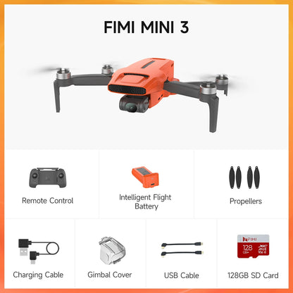 FIMI MINI 3 New Camera Drone, Drone bundle with remote control, props, battery, charger, and accessories.