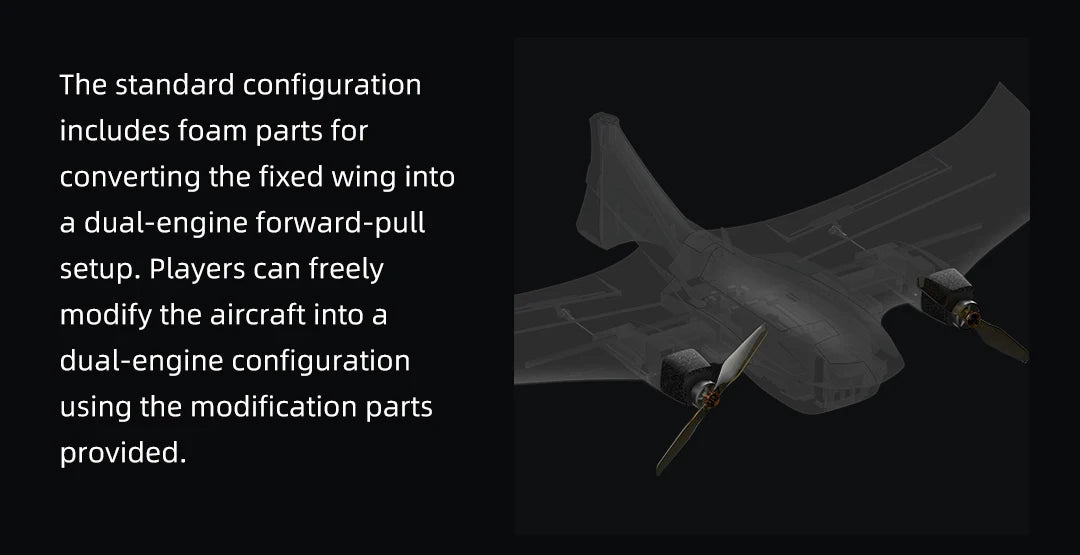 FIMI Manta VTOL Drone, Customization kit for modifying fixed-wing planes into dual-engine forward-pull aircraft.