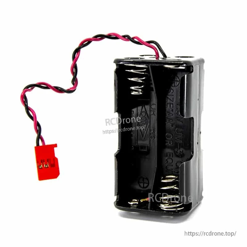 4-cell AA battery box close-up with spring contacts and red JST plug on lead wire
