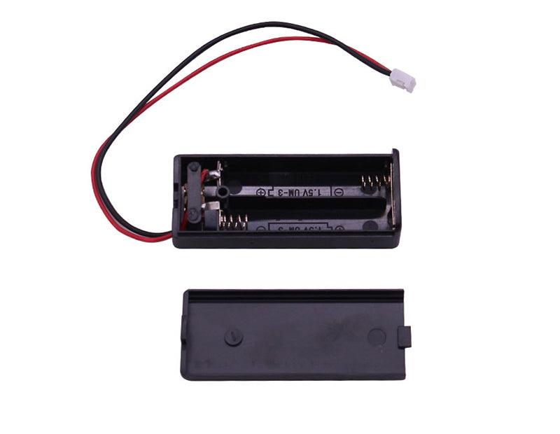 Open 2x AAA battery holder with spring contacts, red/black wire lead and removable cover shown