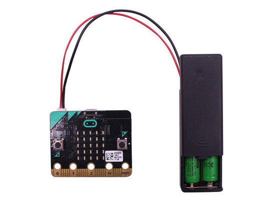 2x AAA battery case powering BBC micro:bit, holder with red/black lead and two cells installed