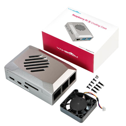Yahboom Raspberry Pi 5 ABS Silver Case kit with cooling fan, screws, and retail box