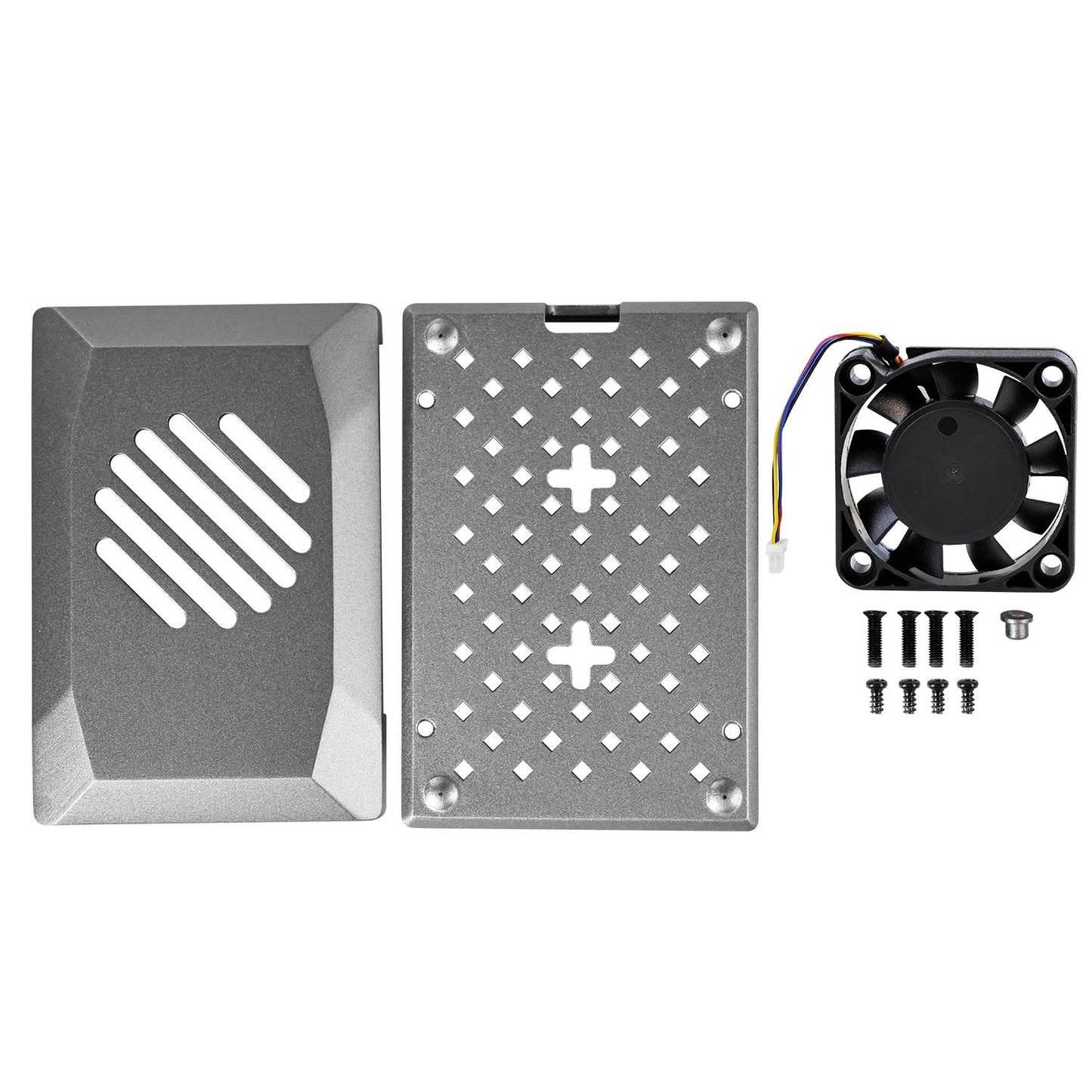What’s included: top cover, base plate, PWM fan with cable, and mounting screws for the case