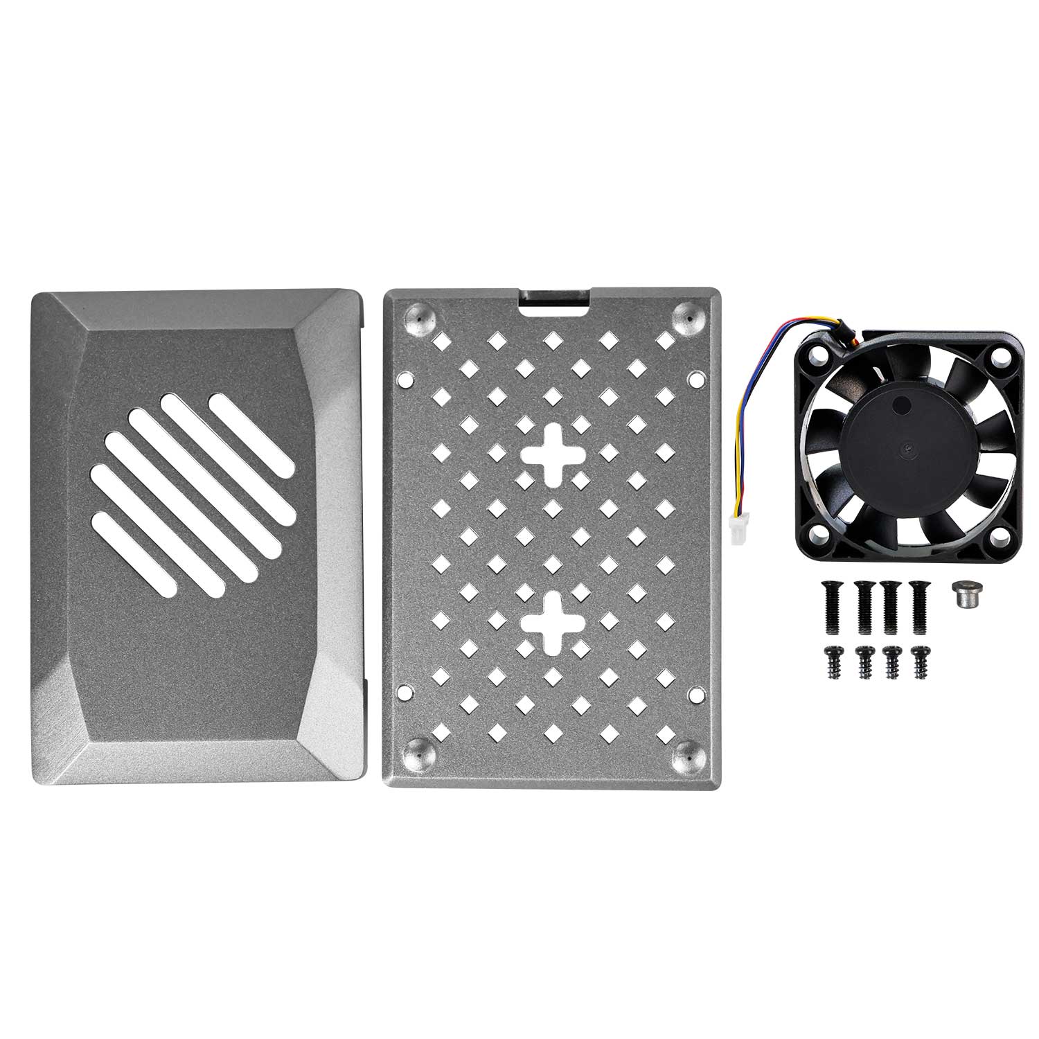 What’s included: top cover, base plate, PWM fan with cable, and mounting screws for the case