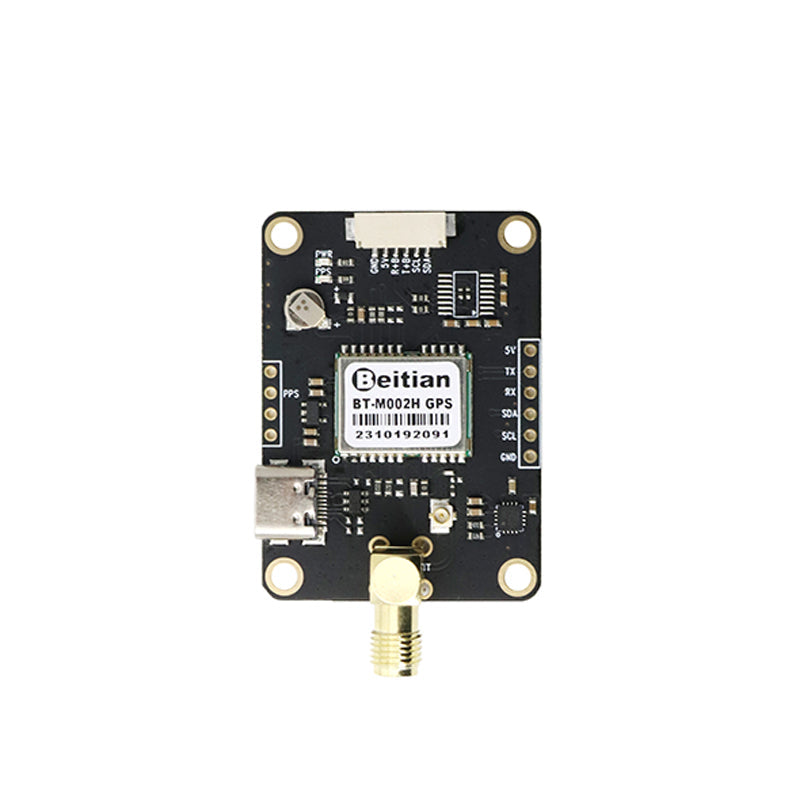 Beitian BT-M002H GNSS module board front view with USB port, 4 mounting holes, and SMA antenna connector