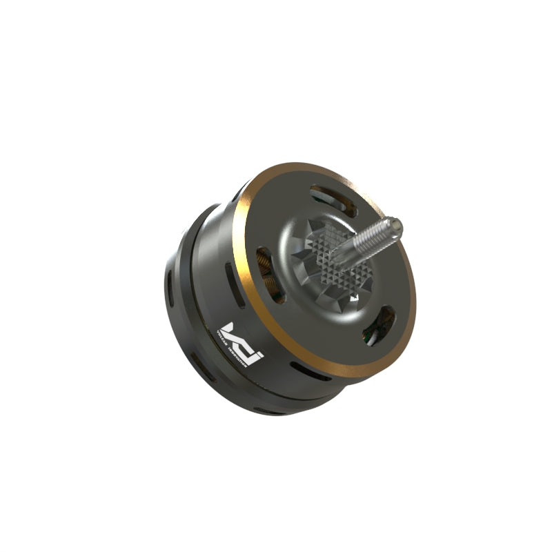 Angled view of brushless motor top bell with M5 threaded shaft and ventilation slots