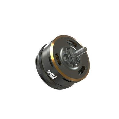 Angled view of brushless motor top bell with M5 threaded shaft and ventilation slots