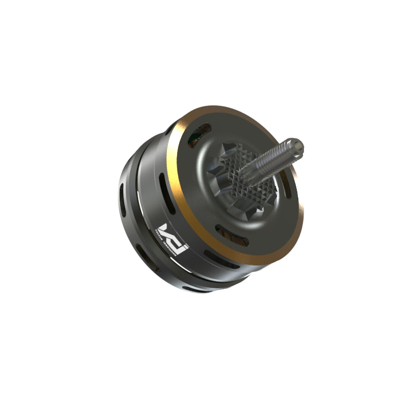 Angled view of brushless outrunner motor showing gold accent ring, vent slots, and threaded shaft