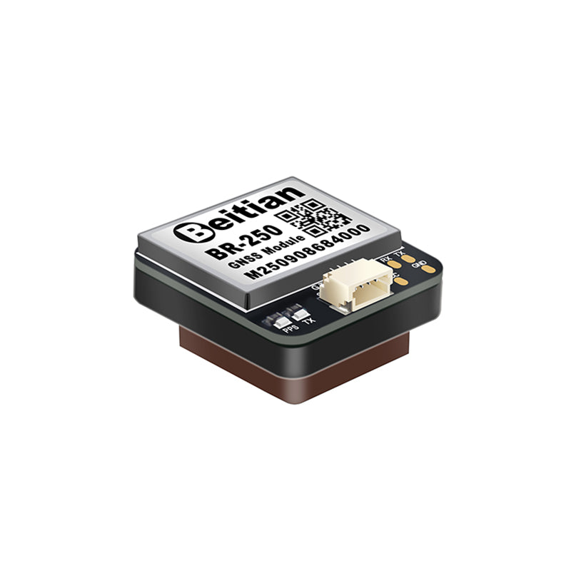 Angled view of Beitian BR-250 GNSS module showing stacked ceramic antenna and JST-style connector