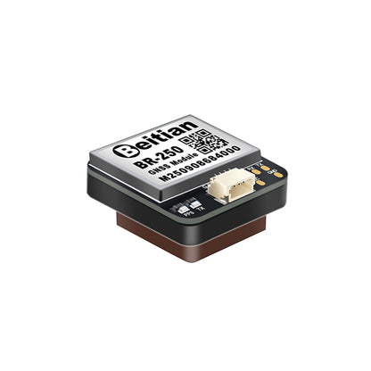 Angled view of Beitian BR-250 GNSS module showing stacked ceramic antenna and JST-style connector