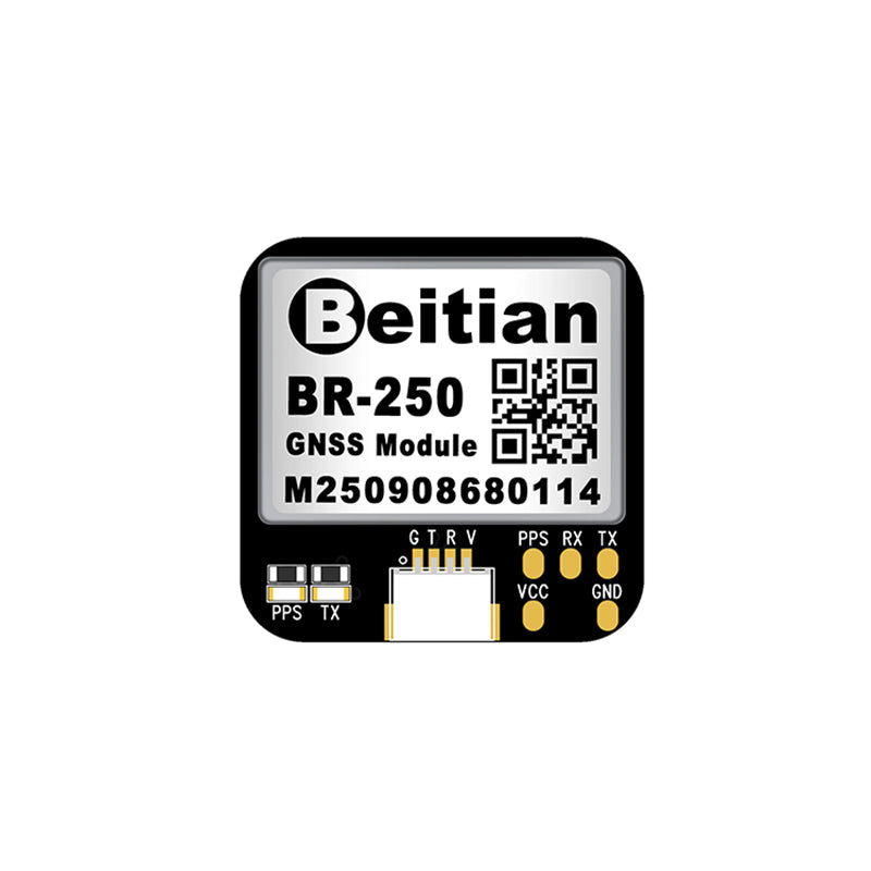 Beitian BR-250 GNSS positioning module board with 6-pin connector and labeled TX/RX/PPS pads