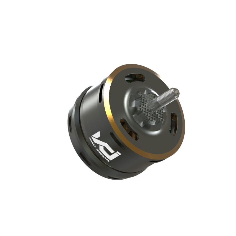 Angled view of motor top with threaded output shaft and gold trim ring