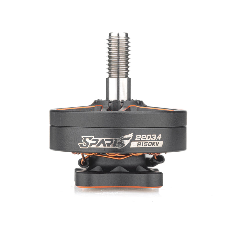 VCI SPARK 2203.4 brushless motor side view with threaded shaft, SPARK logo and 2150KV marking