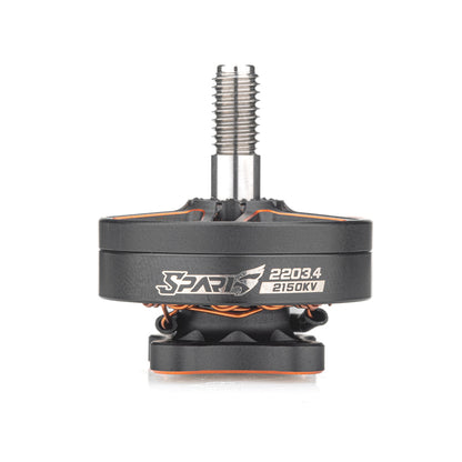 VCI SPARK 2203.4 brushless motor side view with threaded shaft, SPARK logo and 2150KV marking