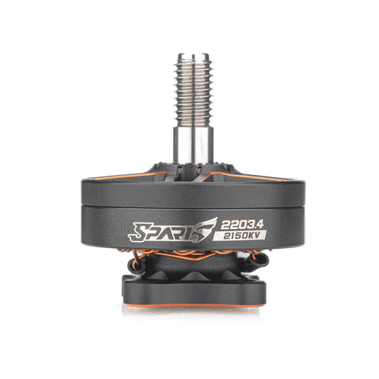 VCI SPARK 2203.4 brushless motor side view with threaded shaft, SPARK logo and 2150KV marking