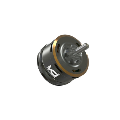 Angled view of brushless outrunner motor showing top cap, vent slots, and threaded shaft