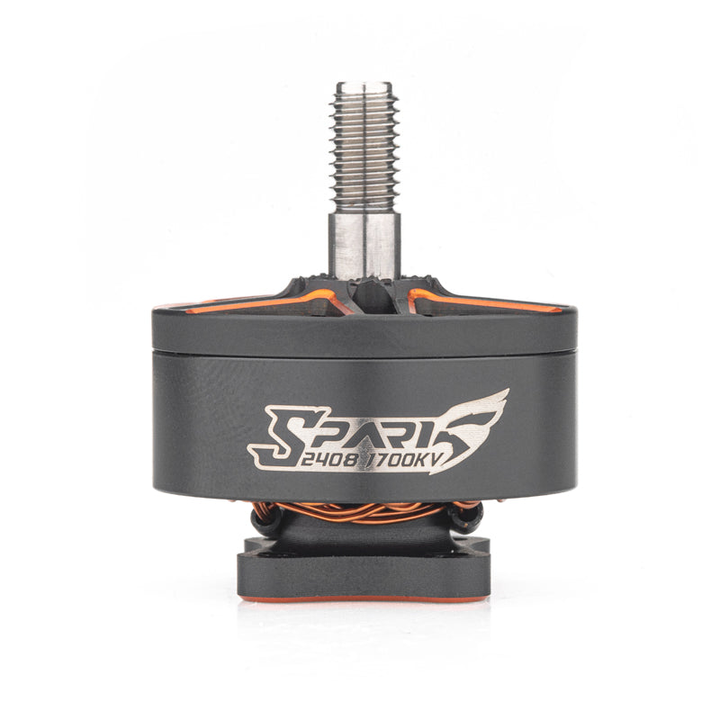 VCI SPARK 2408 brushless motor side profile with threaded shaft, Spark 2408 1700KV logo