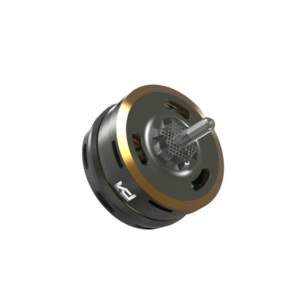 Brushless outrunner motor angled top view showing gold rim, vent slots, and threaded shaft