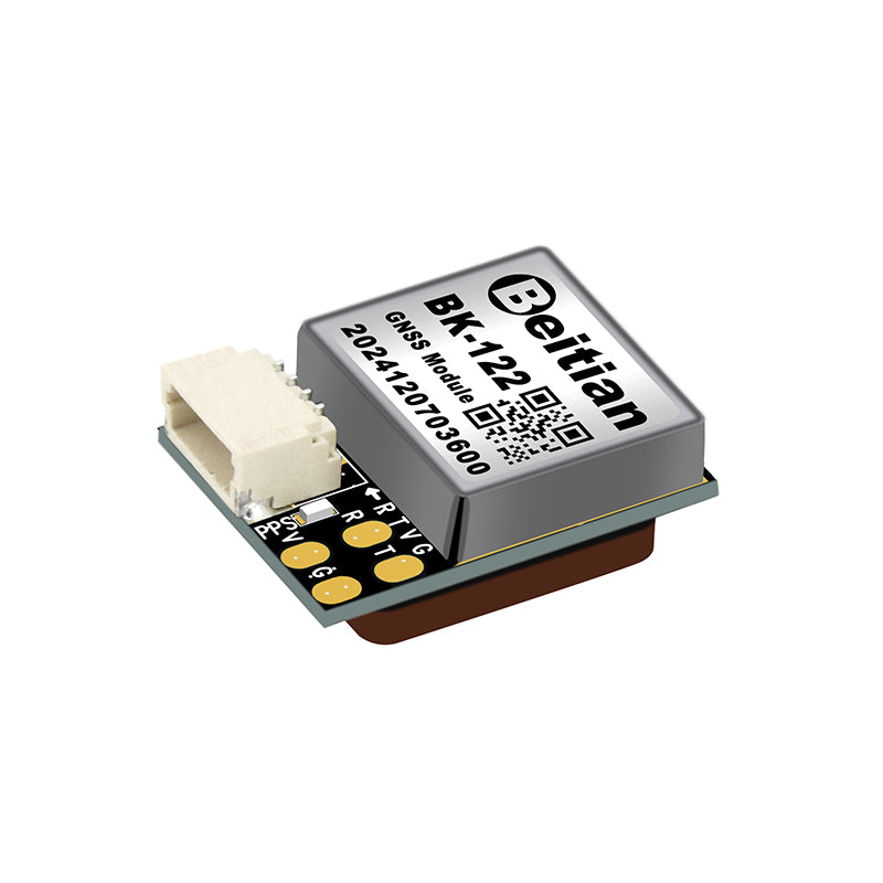 Beitian BK-122 GNSS module angled view with 6-pin connector and ceramic patch antenna base