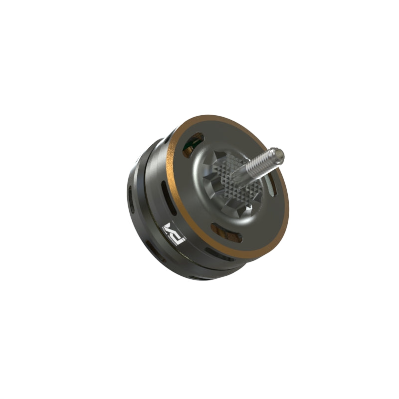 Angled view of brushless motor showing threaded prop shaft and top plate