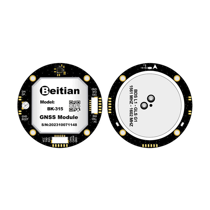 BK-315 GNSS module top label and underside ceramic antenna view on round PCB