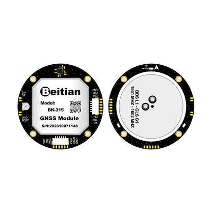 BK-315 GNSS module top label and underside ceramic antenna view on round PCB