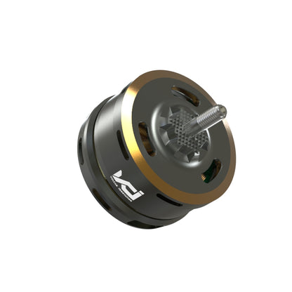 Angled top view of brushless motor with gold trim, vent slots, and threaded prop shaft