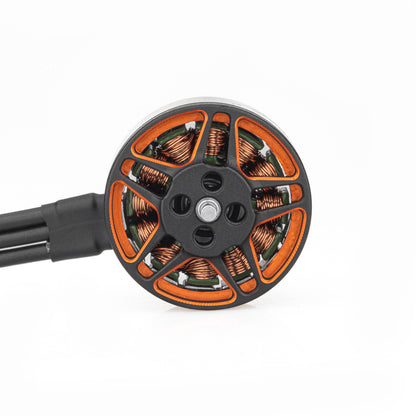 Top view of SPARK 1505 brushless motor showing rotor spokes, copper windings, and attached motor wires