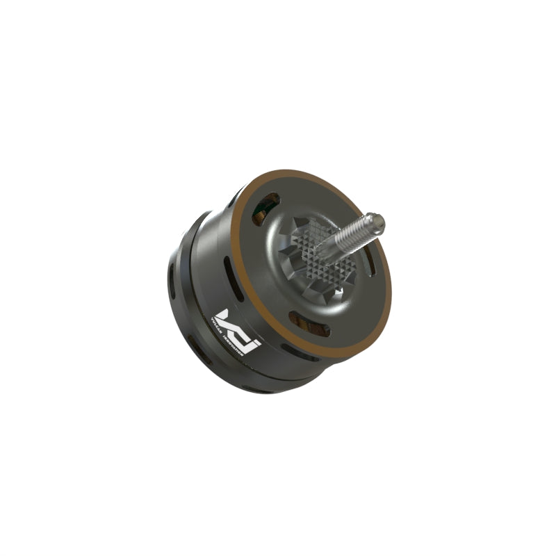 Angled view of brushless outrunner motor showing top cap vents and threaded output shaft