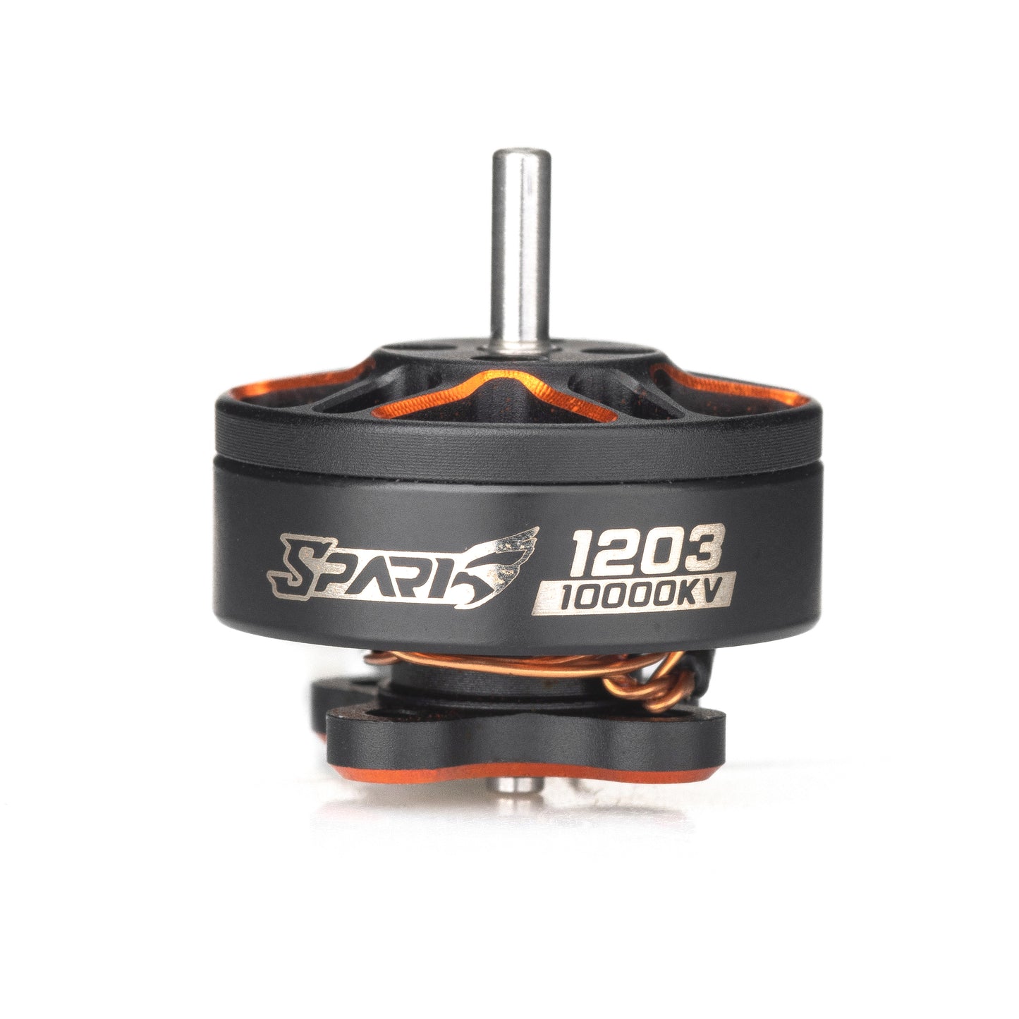 VCI SPARK 1203 10000KV brushless motor, side view with shaft and SPARK logo on housing
