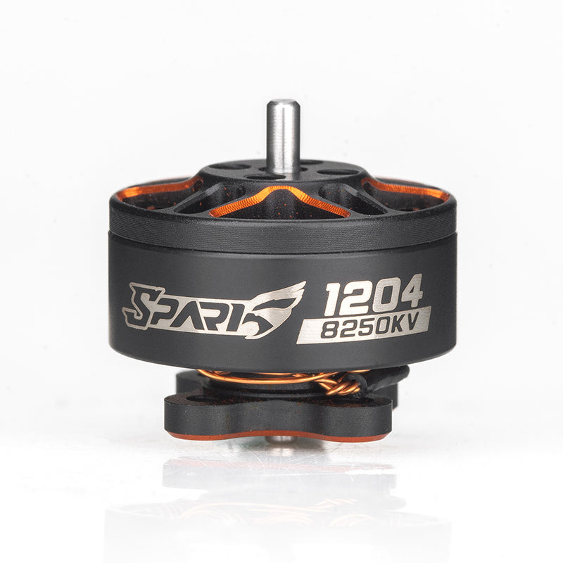 VCI SPARK 1204 brushless motor 8250KV, side profile with SPARK logo and shaft